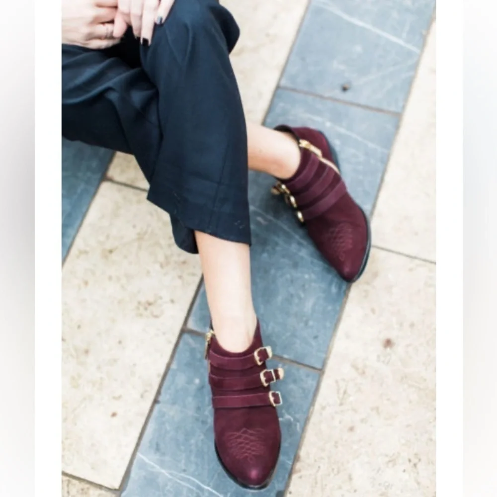 Anine Bing Witchy Western Emma Boots Burgundy Gold Triple Buckle Luxury Cowboy - Picture 16 of 16